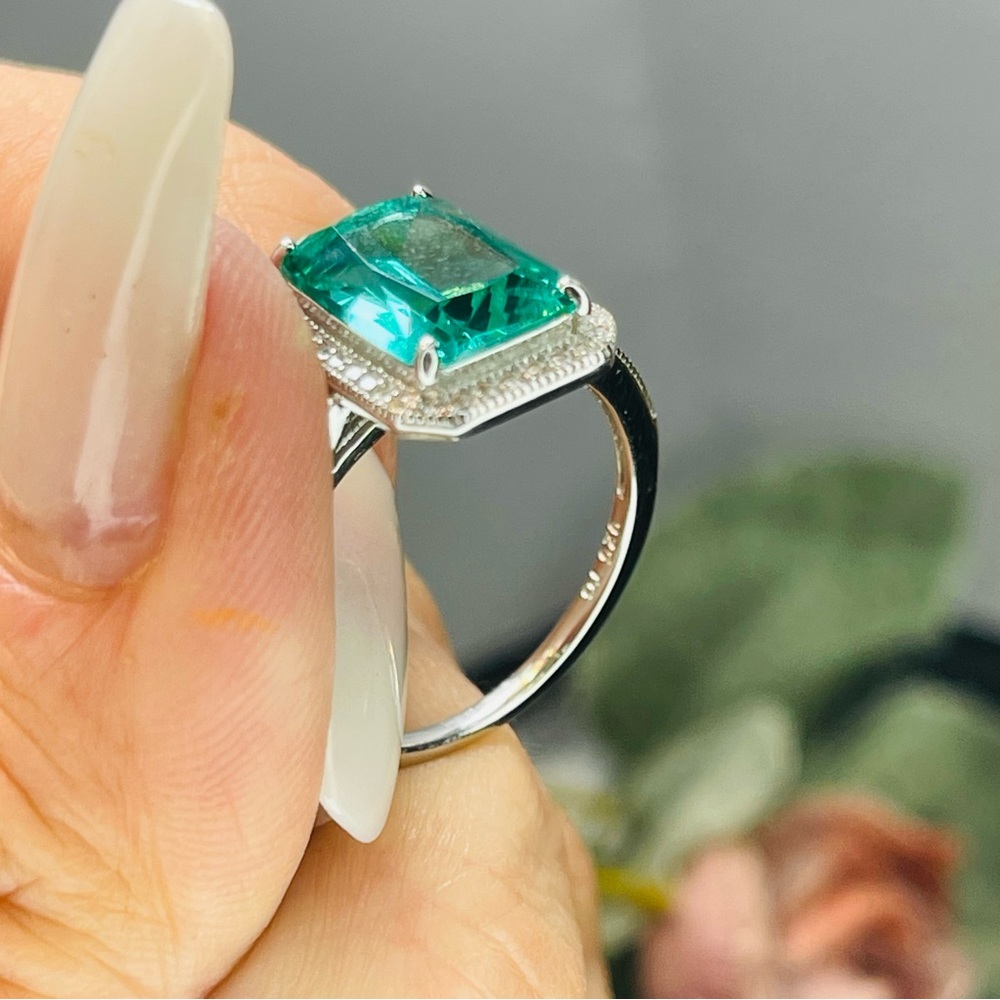 Solid 925 Silver Aquamarine Rectangle Stone Ring … - image 4